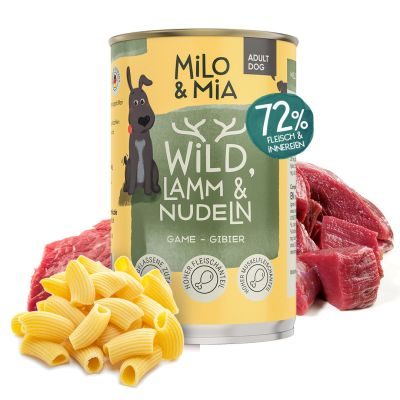 Thumbnail 1: Milo & Mia Nassfutter für Hunde, Schonkost Hundefutter weizenfrei, dadurch sanft zu Magen & Darm, weizenfrei, natürliche Zutaten: Wild, Lamm & Nudeln (1x400g)