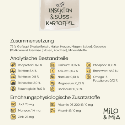 Thumbnail 5: Milo & Mia Nassfutter für Hunde Sensitiv - magenschonendes Hundefutter für Hunde mit Magen-Darm-Problemen, weizenfreie Zutaten: Insekten & Süßkartoffel (24x400g)