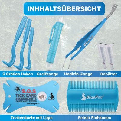 Thumbnail 7: BluePet 10-teiliges Set Zeckenentferner in Tasche: Zeckenzange, Zeckenhebel, Zeckenpinzette, Zeckenkarte für Hund, Katze, Pferd & Mensch zur Zeckenentfernung