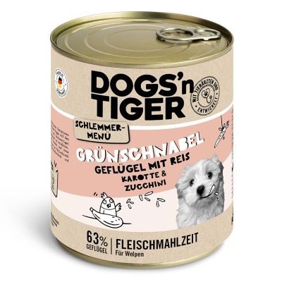 Thumbnail 3: Dogs'n Tiger Junior, Hundefutter, Grünschnabel, Hunde Nassfutter, Welpen Futter, Geflügel, Getreidefrei, Naturreis, Karotte & Zucchini, 6x 800g