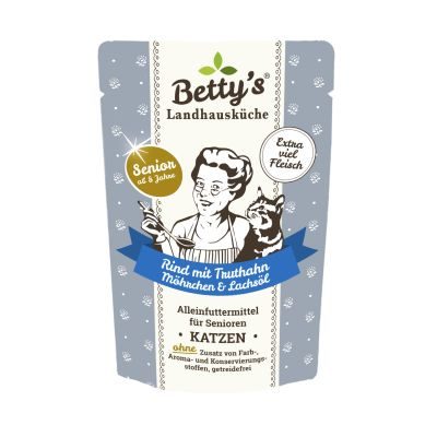 Thumbnail 1: Betty's Landhausküche Senior Katzenfutter Rind mit Truthahn, Möhrchen und Lachsöl 12x 100g im Frischebeutel