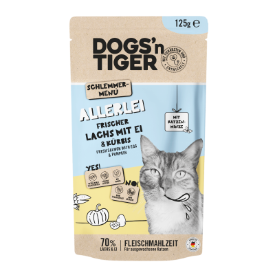 Thumbnail 3: Dogs'n Tiger Adult Katzenfutter, Allerlei, Nassfutter für Katzen, Getreidefrei, Lachs mit Ei & Kürbis, 12x 125g