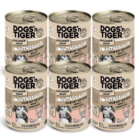 Dogs'n Tiger Adult Hundefutter, Sonntagsjäger, Hunde Nassfutter, Wild, Geflügel, Birne, Hirse & Karotte, 6x 400g