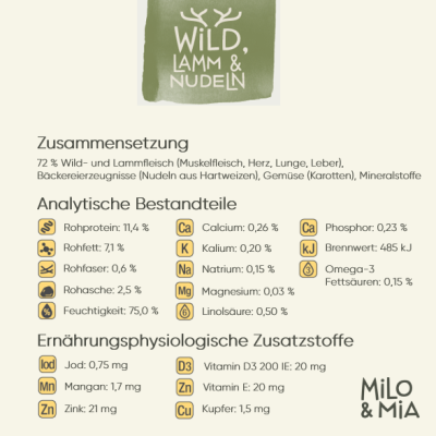 Thumbnail 3: Milo & Mia Nassfutter für Hunde, Schonkost Hundefutter weizenfrei, dadurch sanft zu Magen & Darm, weizenfrei, natürliche Zutaten: Wild, Lamm & Nudeln (1x400g)