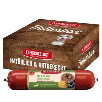 Bild 1 von 1: Fleischeslust Futterbox Wild mit Rind (6x800g) Hundewurst