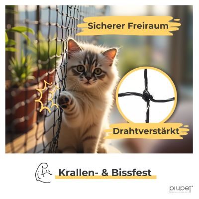 Thumbnail 2: PIUPET Katzennetz Drahtverstärkt I Befestigungsset inklusive I Katzennetz für Balkon | Katzennetz Balkon | Katzennetz Fenster | 8 x 3 m (schwarz)