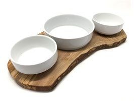 Olivenholz-erleben Futterstation RUSTY TRIO für Nass-oder Trockenfutter & Wasser mit 2 x 0,4 Liter und 1 x 0,9 Liter Porzellanschalen