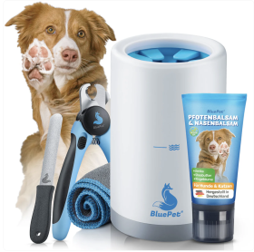 BluePet Pfoten- und Krallenpflege Sparset: Krallenschere und Krallenfeile, Pfotenreiniger "PfotenBlitz" Waschanlage mit MicrofaserTuch- und Pfotenbalsam