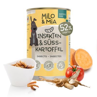 Thumbnail 1: Milo & Mia Nassfutter für Hunde Sensitiv - magenschonendes Hundefutter für Hunde mit Magen-Darm-Problemen, weizenfreie Zutaten: Insekten & Süßkartoffel (24x400g)