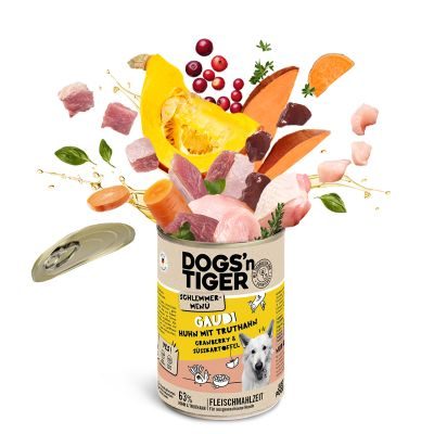 Thumbnail 4: Dogs'n Tiger Adult Hundefutter, Gaudi, Nassfutter, Getreidefrei, Huhn, Truthahn, Cranberry & Süßkartoffel, 12x 800g