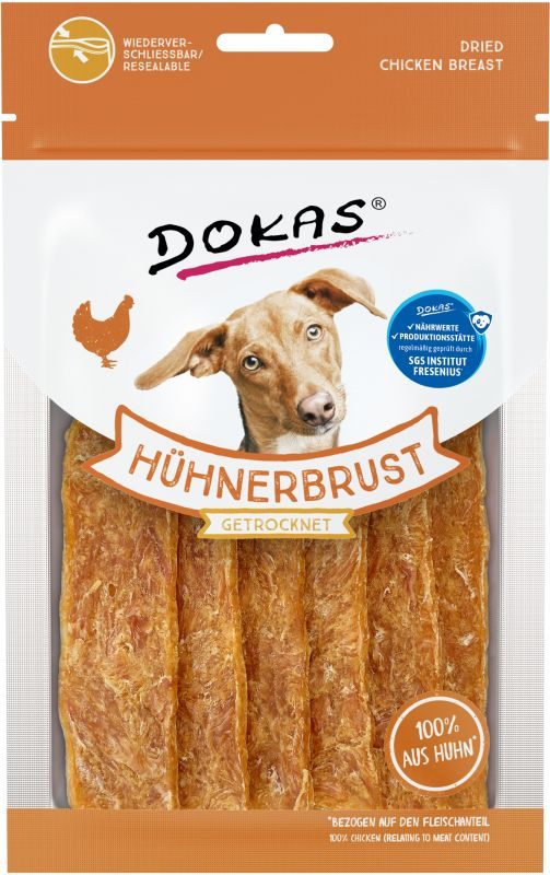 Dokas Hühnerbrust getrocknet fettarme Leckerlis für Hunde 12x 70g Multipack