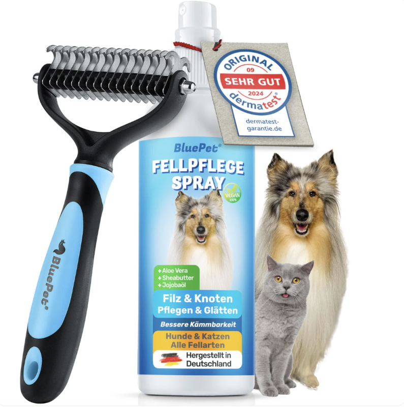 BluePet Fellwechsel Sparset: UnterwollHarke 'UnterwollToll' & Fellpflegespray - glättet die Haarstruktur, entfernt sanft UnterwolleUnterwollbürste + Spray