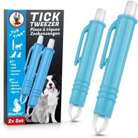 BluePet 2x  Zeckenzange, Zeckenentferner - Tick tweezer - Zeckenpinzette - Zeckenzieher - 2er-Set - automatisches Greifen durch Knopf drücken/lösen