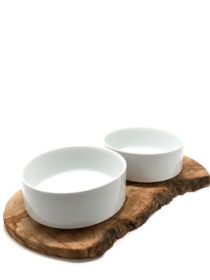 Olivenholz-erleben Futterstation RUSTY (2 x 1,5 Liter Porzellanschale) für Futter & Wasser