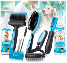 BluePet Großes Fellpflege-Set für Langhaar: Unterwollharke, Entfilzer, doppelseitige Bürsten: Doppeldecker & Zupfbürste, Service-Set, Fellspray & Hundeshampoo