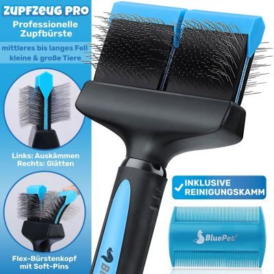 Thumbnail 4: BluePet Profi-Zupfbürste doppelseitig für Hunde & Katzen, professionelle Bürste für Langhaar, beidseitig flexibler Bürstenkopf für sanfte Pflege, zweiseitig