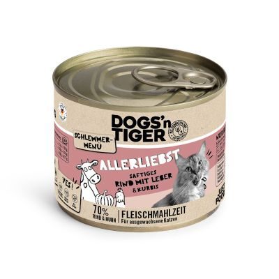 Thumbnail 3: Dogs'n Tiger Adult Katzenfutter, Allerliebst, Nassfutter, Getreidefrei, Rind, Hühnerleber & Kürbis, 12x 200g
