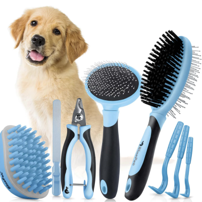 Thumbnail 1: BluePet Großes Welpenpflege - Komplett Set: Doppelseitige Bürste, Mini-Zupfbürste, softer Gummistriegel/Badestriegel mit Massage, Krallenschere, 3 Zeckenhaken