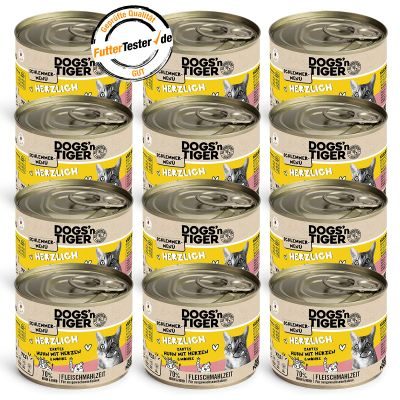 Dogs'n Tiger Adult, Katzenfutter, Herzlich, Katzen Nassfutter, Getreidefrei, Huhn, Rinderherzen & Karotte, 12x 200g