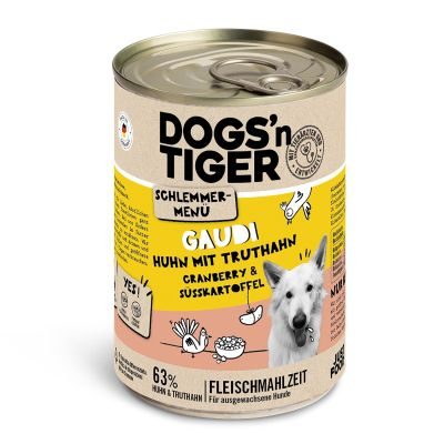 Thumbnail 5: Dogs'n Tiger Adult Hundefutter, Gaudi, Nassfutter, Getreidefrei, Huhn, Truthahn, Cranberry & Süßkartoffel, 6x 400g