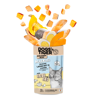 Thumbnail 2: Dogs'n Tiger Adult Katzenfutter, Allerlei, Nassfutter für Katzen, Getreidefrei, Lachs mit Ei & Kürbis, 12x 125g