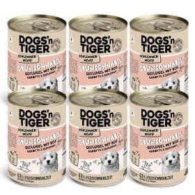 Dogs'n Tiger Junior, Hundefutter, Grünschnabel, Hunde Nassfutter, Welpen Futter, Geflügel, Getreidefrei, Naturreis, Karotte & Zucchini, 6x 400g