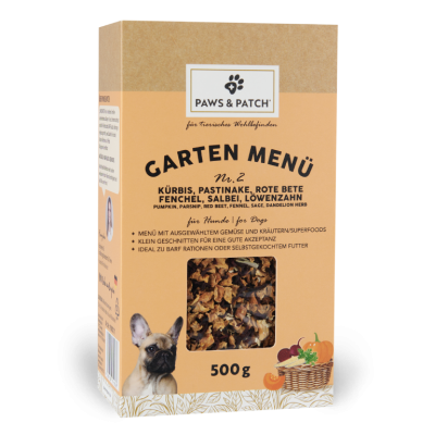 Bild 1 von 1: Paws & Patch GARTEN MENÜ Nr. 2 für Hunde 500g - Kürbis, Pastinake, Rote Bete, Fenchel, Salbei, Löwenzahn