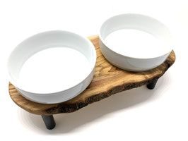 Olivenholz-erleben Futterstation RUSTY PLUS (2 x 1,5 Liter Porzellanschalen) "aufgebockt" für Futter & Wasser