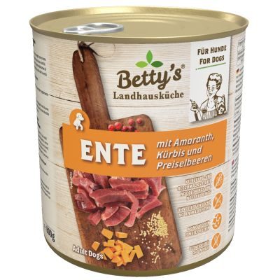 Betty's Landhausküche Nassfutter für Hunde Ente und Amaranth 6x 800g