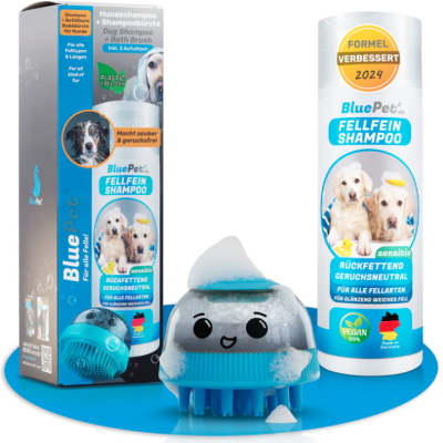 Thumbnail 1: BluePet Hundeshampoo + Befüllbare Badebürste Set: die perfekte 2in1 Lösung zum Baden von Hunden, inkl 1x weicher & 1x etwas härterer Waschaufsatz zum Wechseln