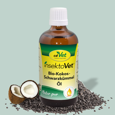 Thumbnail 2: insektoVet® Bio-Kokos-Schwarzkümmel-Öl 100 ml - Natürliches Ergänzungsfuttermittel für Hunde mit hochwertigen Bio-Ölen