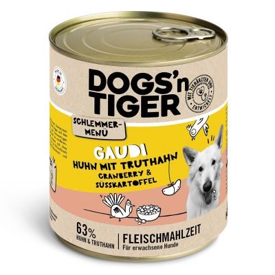 Thumbnail 4: Dogs'n Tiger Adult Hundefutter, Gaudi, Nassfutter, Getreidefrei, Huhn, Truthahn, Cranberry & Süßkartoffel, 6x 800g