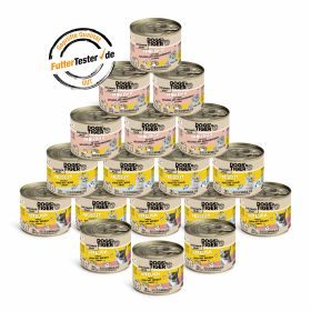 Dogs'n Tiger Adult Katzenfutter, Nassfutter, Getreidefrei, Schlemmerpaket, Huhn, Geflügel, Lachs, Karotte & Kürbis, 18x200g