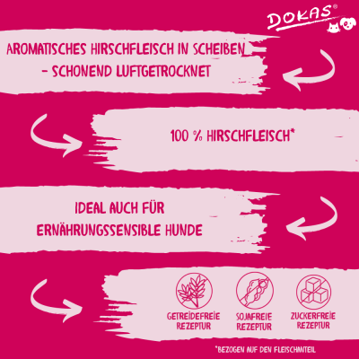 Thumbnail 6: Dokas Hirschfleisch getrocknet Premium Hundeleckerlis 12x 60g Multipack