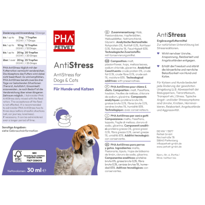 Thumbnail 3: PHA PetVet - PHA AntiStress für Hunde u. Katzen 30 ml - Flüssiges Ergänzungsfuttermittel zur natürlichen Unterstützung bei Stressreaktionen.