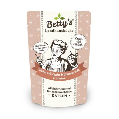 Betty's Landhausküche Katzennassfutter Huhn mit Lachs & Borretschöl 12x 100g im Frischebeutel
