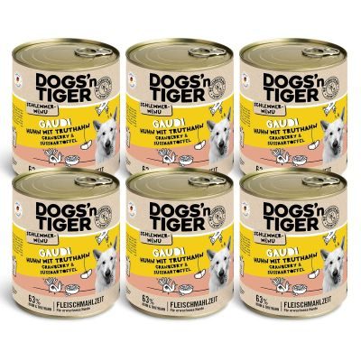 Dogs'n Tiger Adult Hundefutter, Gaudi, Nassfutter, Getreidefrei, Huhn, Truthahn, Cranberry & Süßkartoffel, 6x 800g