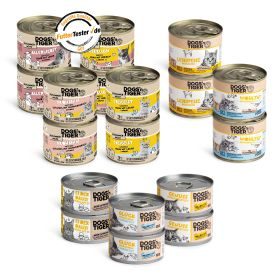 Dogs'n Tiger Adult Katzenfutter, Nassfutter, Getreidefrei, Mixpaket Lecker Hühnchen! Huhn, Lachs, Rind & Ei, 18 tlg.- Set
