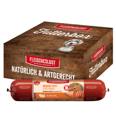 Fleischeslust Futterbox Magere Pute mit Süßkartoffel sensitiv (6x800g) Hundewurst