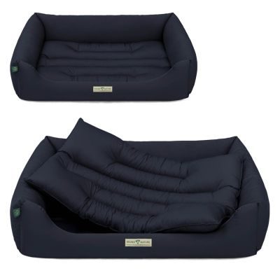 HOUND&NATURE SET: Hundebett BERN L dunkelblau + wasserfestem hellgrauen Baumwoll-Matratzenüberzug