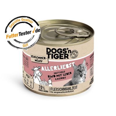 Thumbnail 1: Dogs'n Tiger Adult Katzenfutter, Allerliebst, Nassfutter, Getreidefrei, Rind, Hühnerleber & Kürbis, 200g