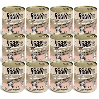 Dogs'n Tiger Adult Hundefutter, Sonntagsjäger, Hunde Nassfutter, Wild, Geflügel, Birne, Hirse & Karotte, 12x 800g
