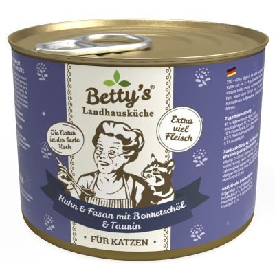 Thumbnail 1: Betty's Landhausküche Katzennassfutter Huhn und Fasan mit Borretschöl 12x 200g