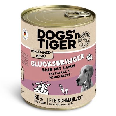Thumbnail 2: Dogs'n Tiger Adult Hundefutter, Glücksbringer, Nassfutter, Getreidefrei, Rind, Lamm, Pastinake & Heidelbeeren, 12x 800g