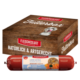 Fleischeslust Futterbox Lachs mit Rind mit Karotte, Kürbis & Spirulina (6x800g) Hundewurst