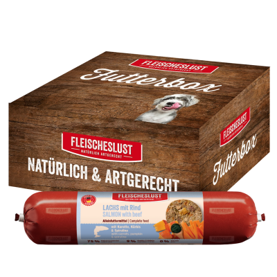 Bild 1 von 1: Fleischeslust Futterbox Lachs mit Rind mit Karotte, Kürbis & Spirulina (6x800g) Hundewurst