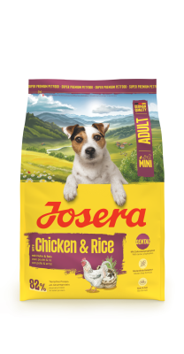 Josera Mini Adult Chicken & Rice, glutenfreies Trockenfutter für ausgewachsene, kleine Hunde, 3x3kg