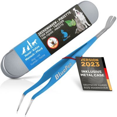 BluePet Profi 2in1 Zeckenentferner-Set I Edelstahl Zeckenzange / Zeckenpinzette / Zeckenhebel für Hunde, Katzen, Pferde & Mensch I Alternative zu Zeckenmittel